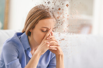woman's head dissolving to imply psychological injury